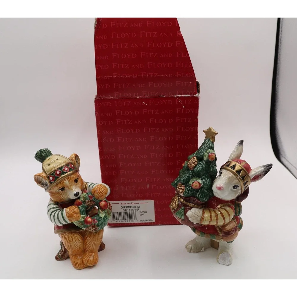 Vintage Fitz & Floyd Christmas Lodge S/P Shakers Original Box *See Description*